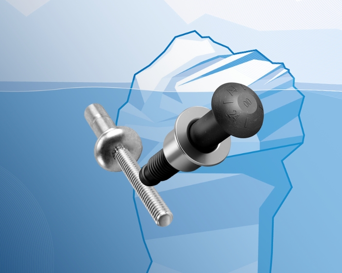 Nahaufnahme eines Schließbolzensystems mit einer Eisberg-Illustration im Hintergrund