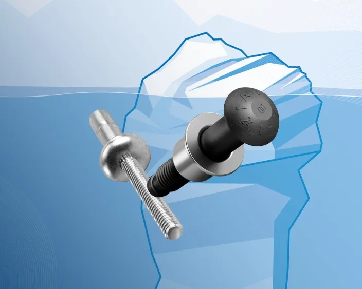 Nahaufnahme eines Schließbolzensystems mit einer Eisberg-Illustration im Hintergrund