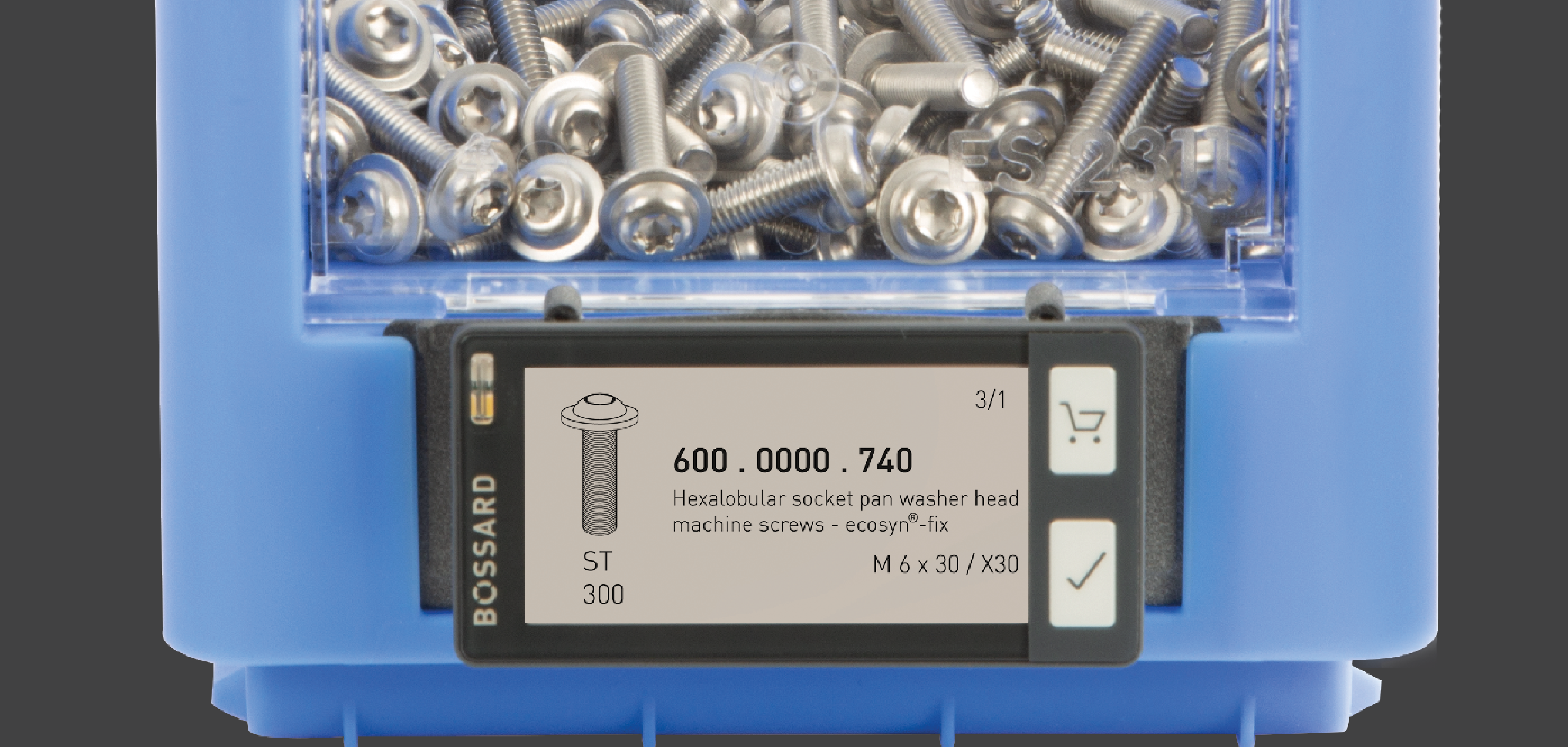 Blue plastic container containing screws, with a SmartLabel Cloud affixed to the bin.