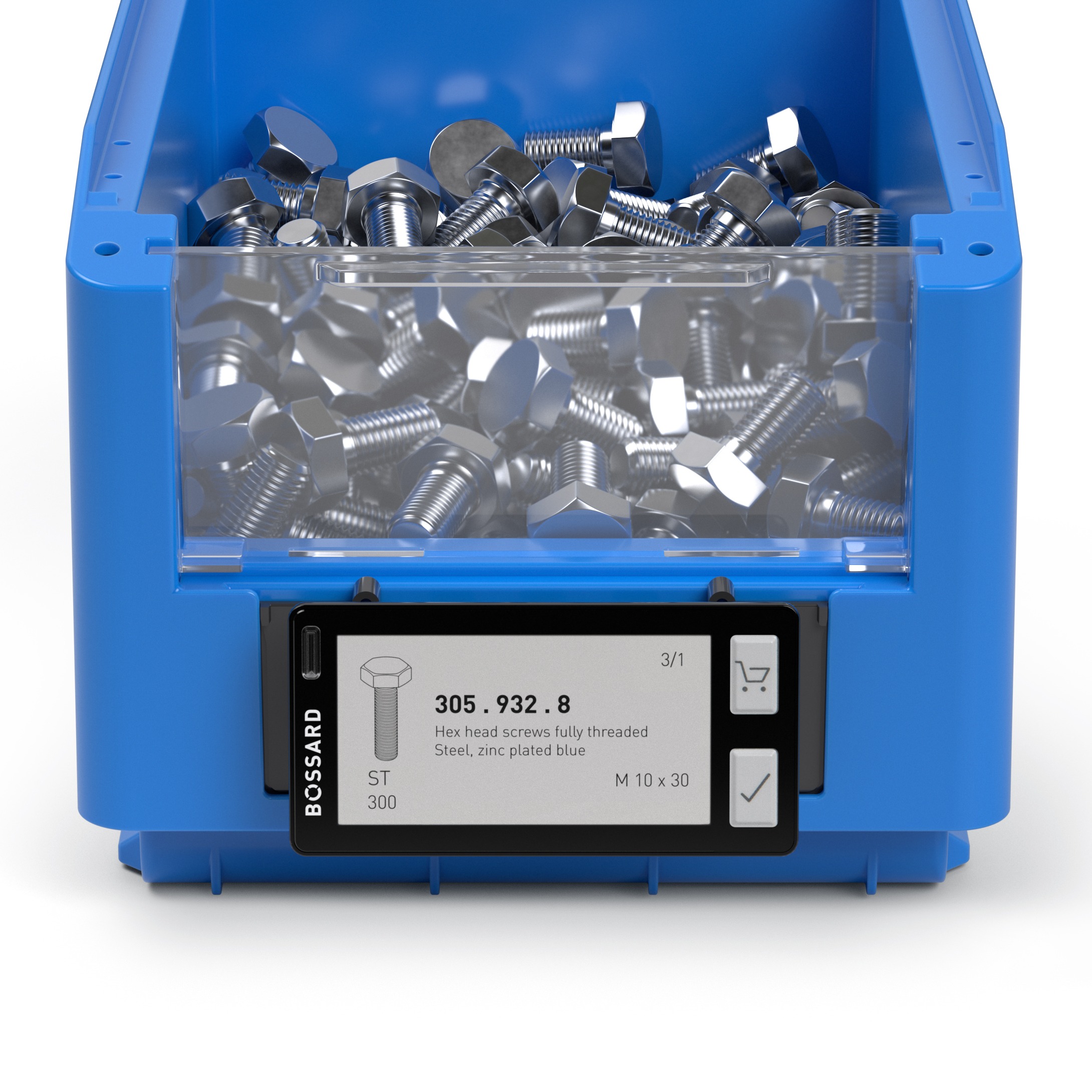 Blue plastic container containing screws, with a SmartLabel Cloud affixed to the bin.