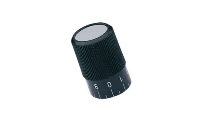 A black Elesa knurled control knob with graduation on a scale from 0 to 9 and 20 dividing marks