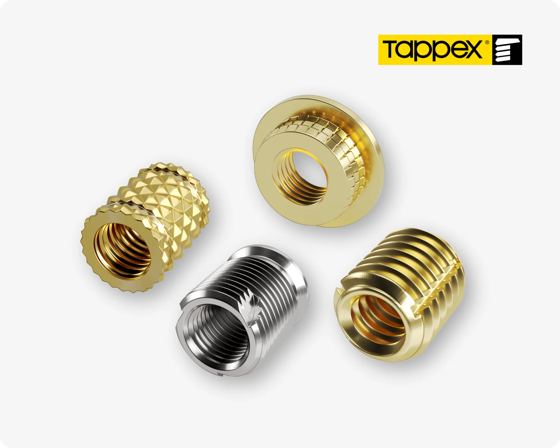 Four different types of Tappex threaded inserts, including brass inserts and steel threaded inserts.