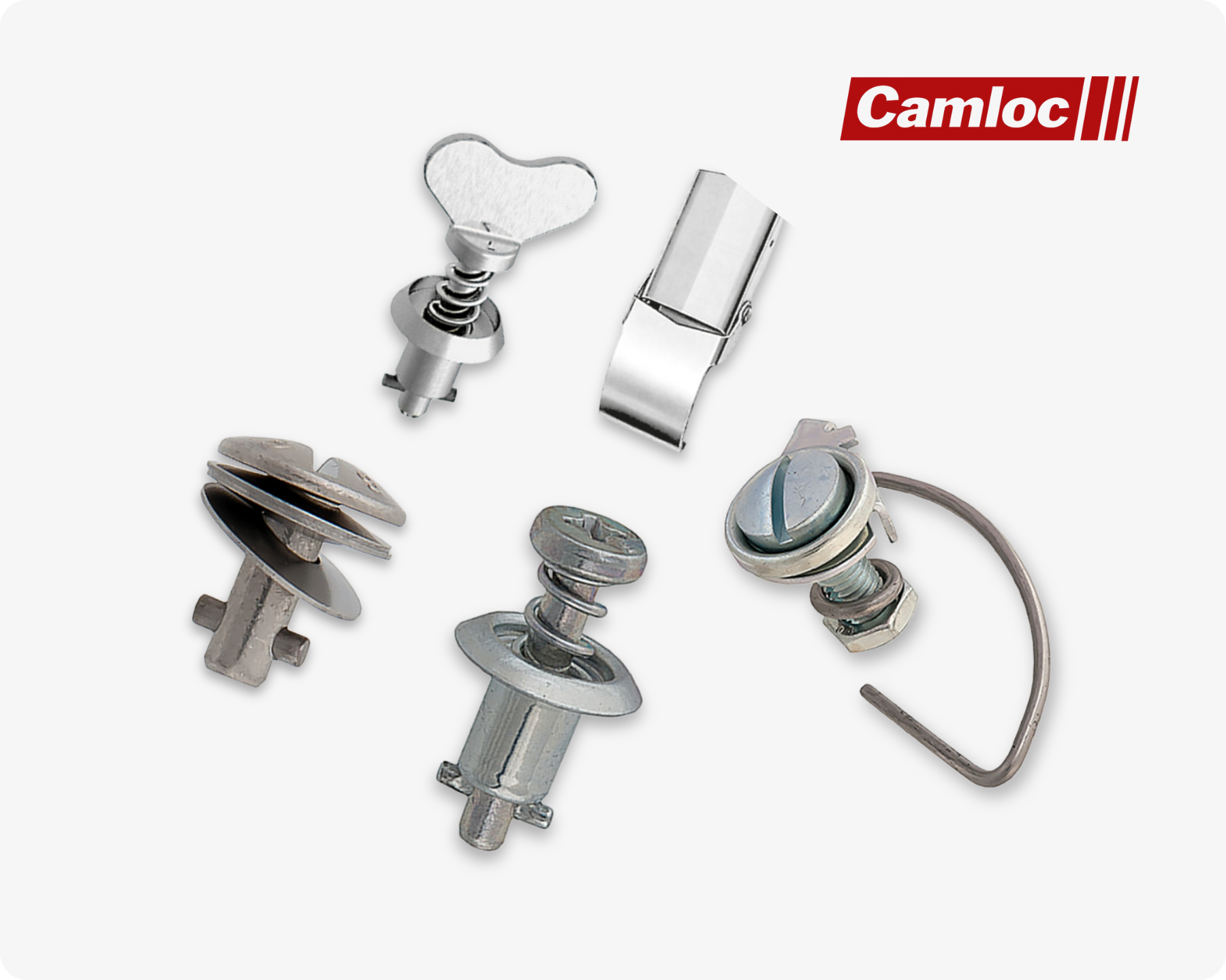 Plusieurs solutions différentes de ressorts à gaz et d'amortisseurs Camloc sur fond gris clair.