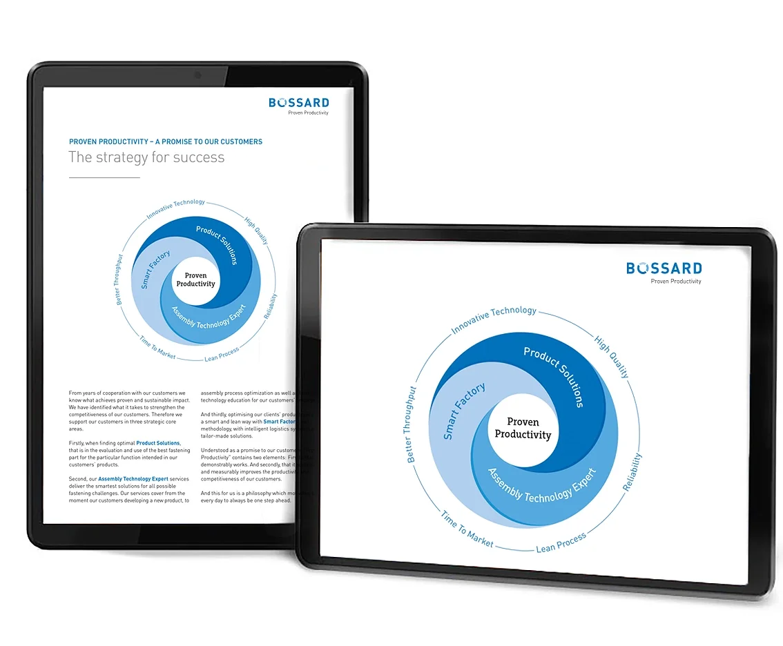 Two tablets with the screens showing the Bossard Proven Productivity concept.
