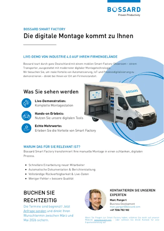 Bossard Smart Factory Flyer „Die digitale Montage kommt zu Ihnen“ mit mobilem Showroom-Transporter und Kurzinfos zur Live-Demo.