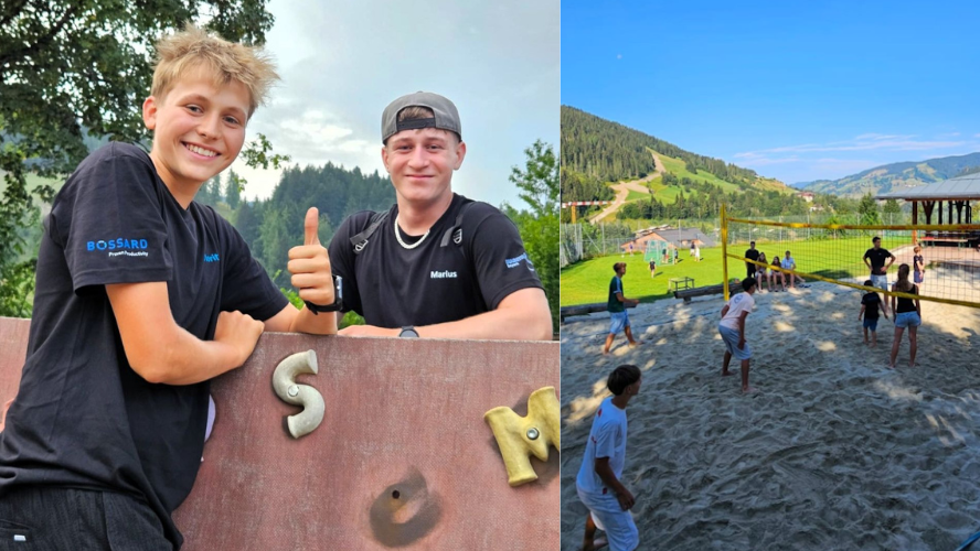 Collage vom DiabetesCamp: Zwei Jugendliche in Bossard-Shirts sowie eine Gruppe beim Beachvolleyball vor Bergkulisse.