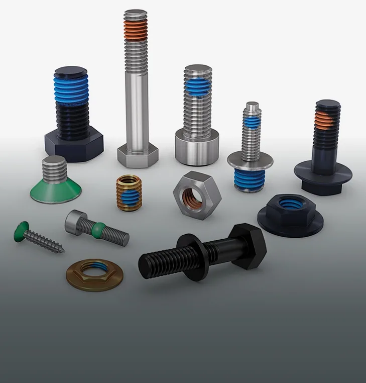 Přehled různých spojovacích prvků s funkčními povlaky: záplaty, těsnění pod hlavou a další.