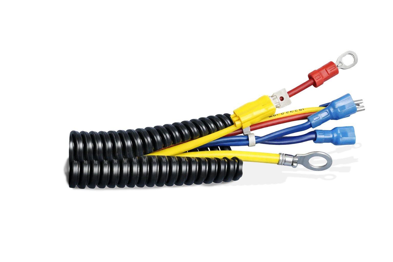 Tubo protector negro enrollado con múltiples cables de colores emergiendo, incluyendo cables rojo, amarillo y azul con conectores