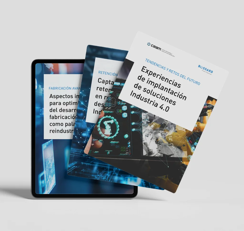 Tres folletos digitales en una pantalla de tablet, con soluciones de Industria 4.0 en temas de color azul y blanco.