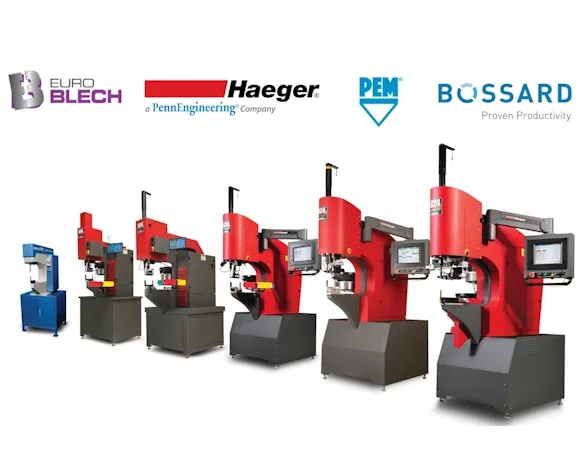 Rote Haeger-Einpressmaschinen auf weißem Hintergrund mit Hinweis aufEuroBLECH Messe, verschiedene Firmenlogos 