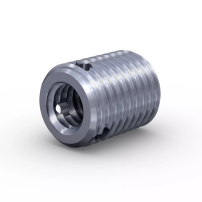 Silver FASTEKS metal threaded insert with precise internal and external thread structure on a white background.