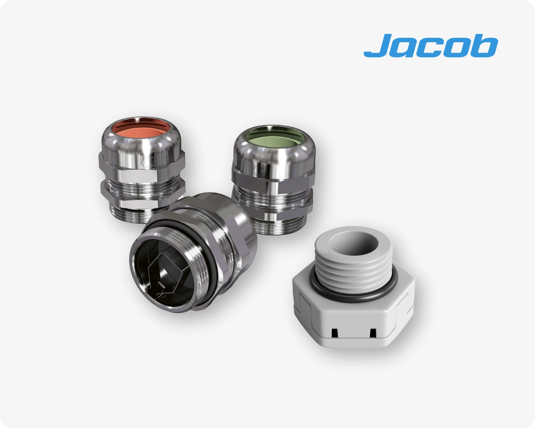 An ensemble of different Jacob plastic and metal cable gland for safe electrical connections on light grey background.