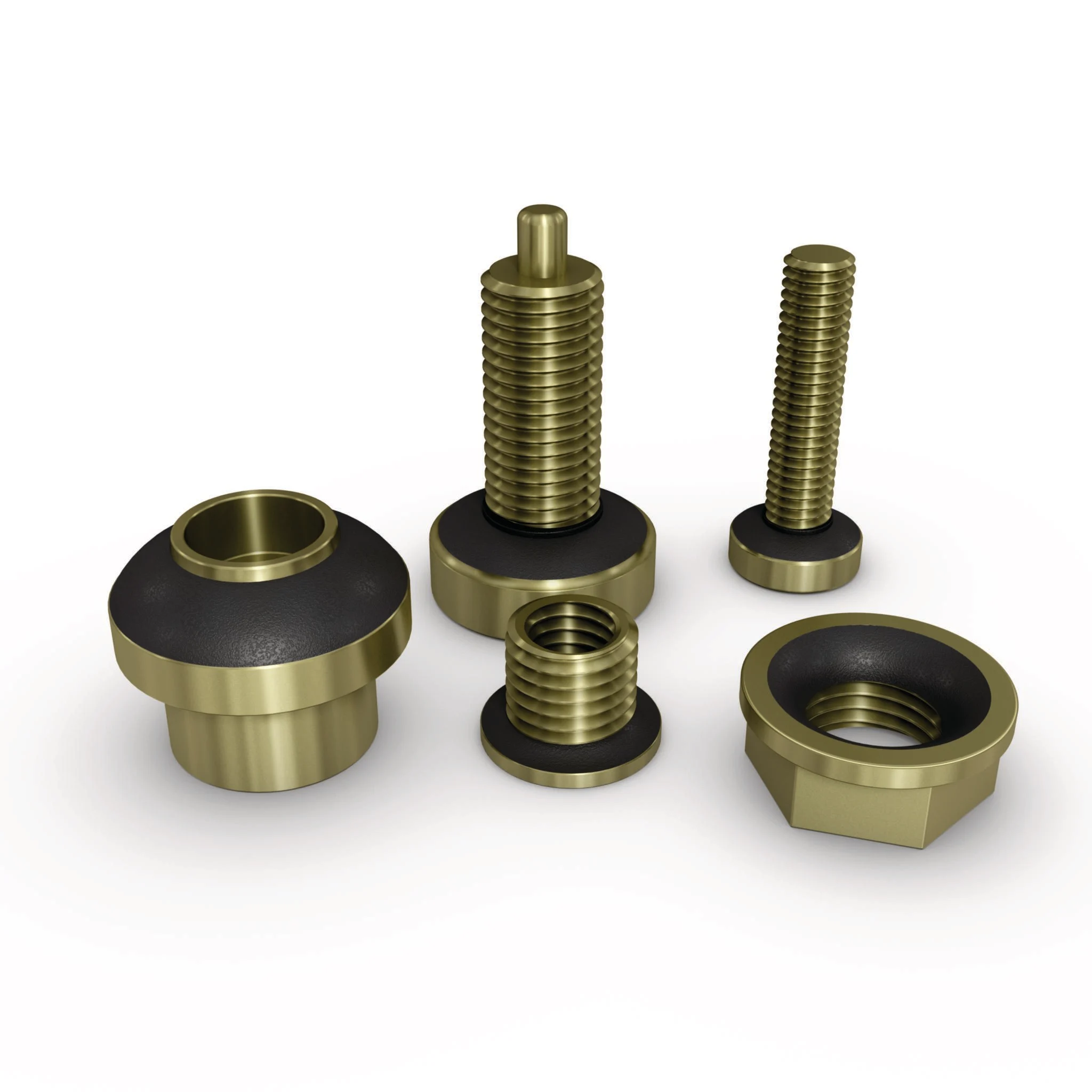 A group of different fastening elements in brass color with black Nyplas under-head sealing coating applied