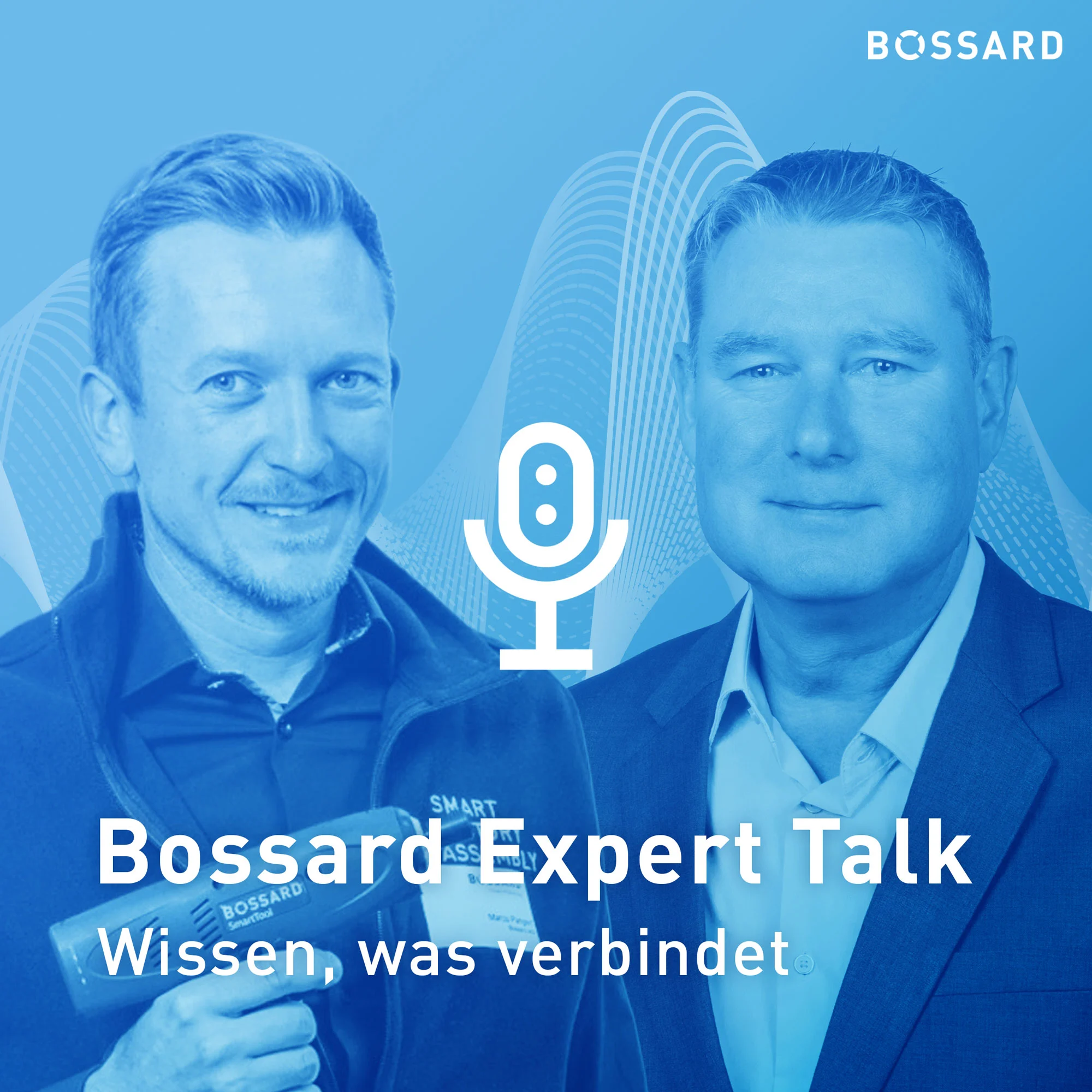 Porträtbild zweier Experten mit Mikrofon-Symbol in der Mitte und Text 'Bossard Expert Talk' auf blauem Hintergrund.