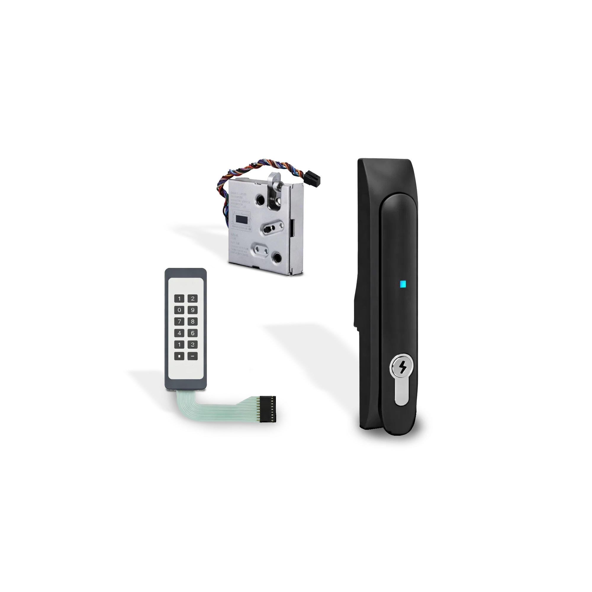 Sistema de cerradura electrónica con manija negra, teclado, mecanismo de cerradura metálico y llave de cilindro sobre fondo blanco