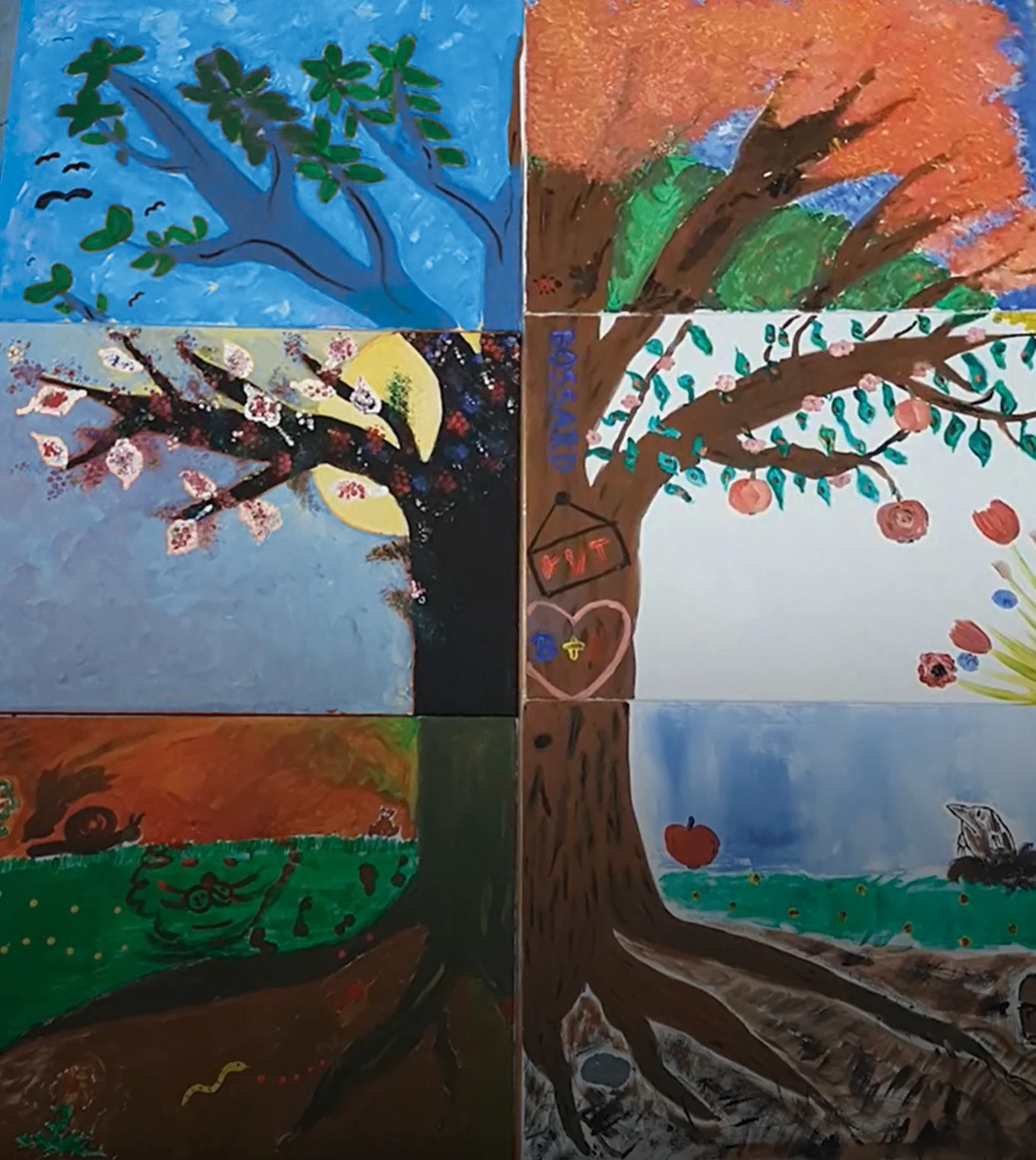 Et billede sammensat af 6 mindre billeder, der danner et træmønster i forskellige farver.