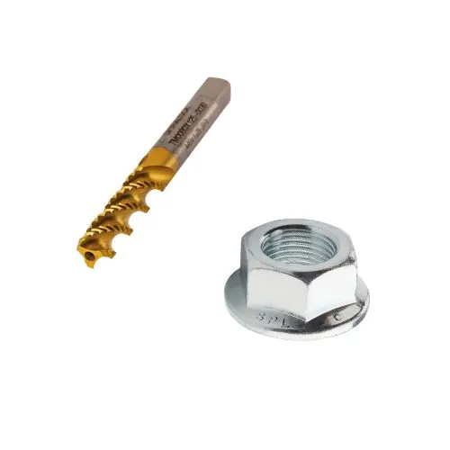 Deux éléments de technique d'assemblage Spiralock, un écrou à bride hexagonale et un outil de coupe de filetage sur fond blanc.