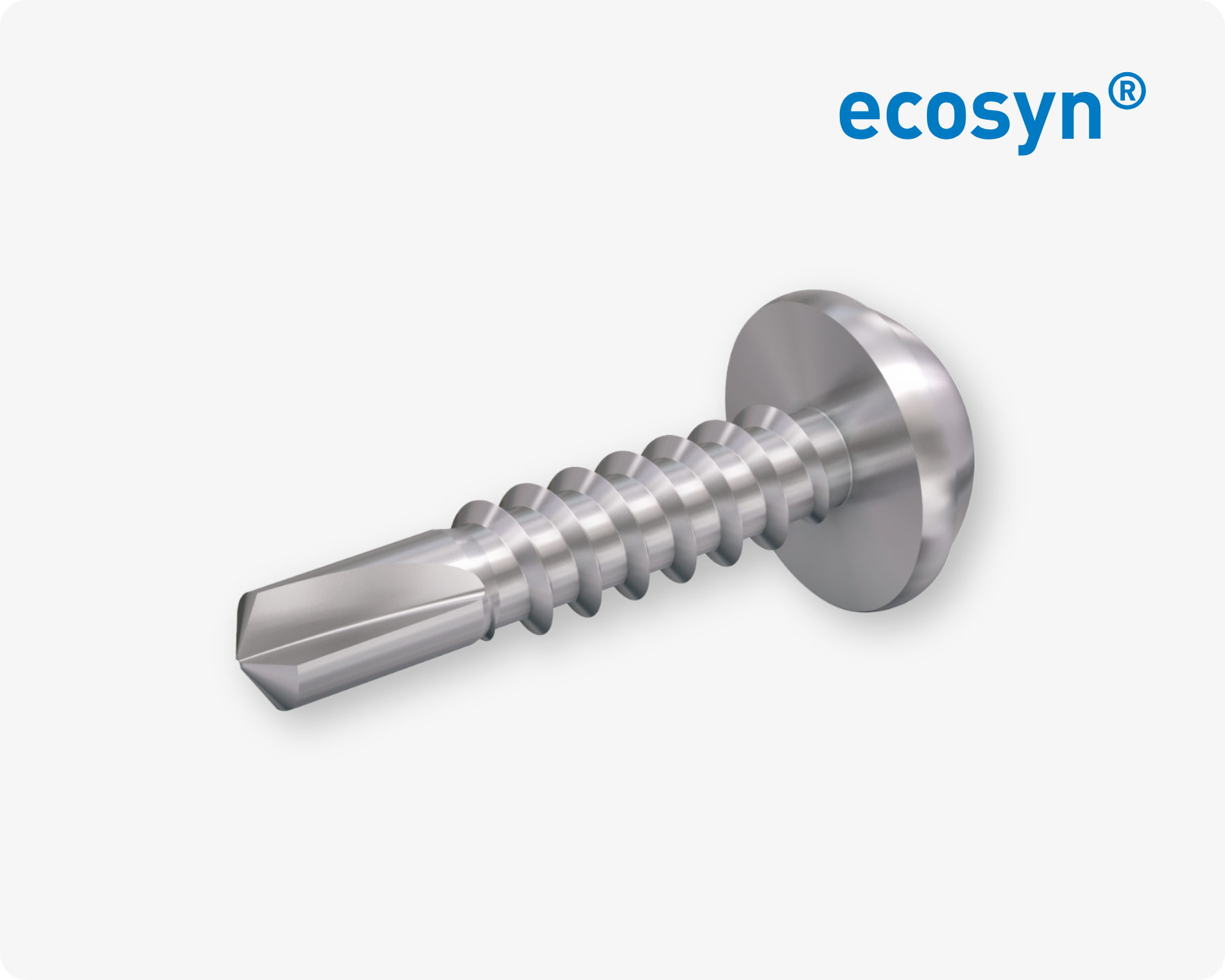 An ecosyn MRX self-cutting screw for metal on light grey background with the ecosyn logo in the top right corner.