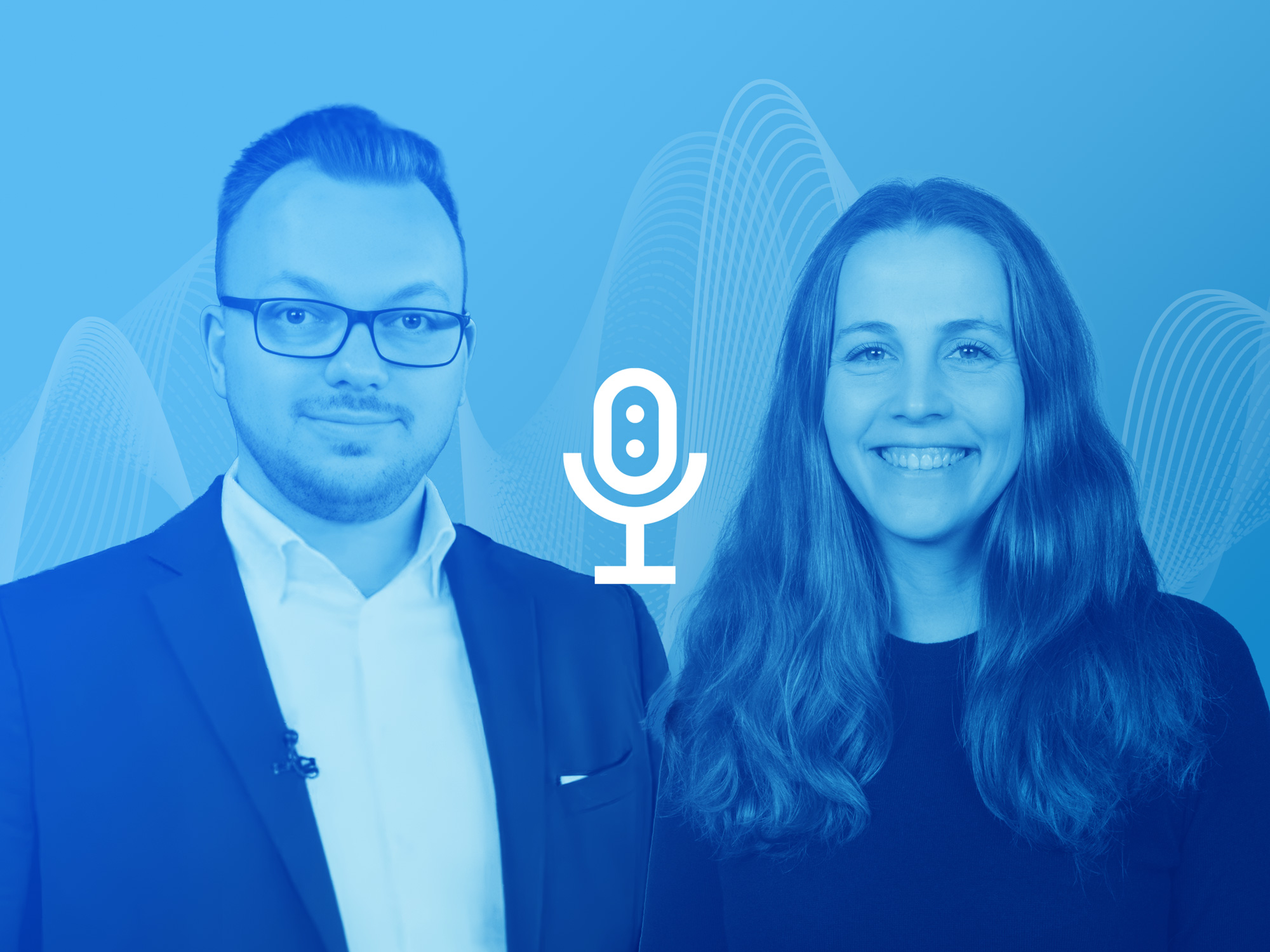 Tobias Engelberg und Maja Matzke vor Hintergrund mit blauen Klangwellen und Claim Wissen, was verbindet. 