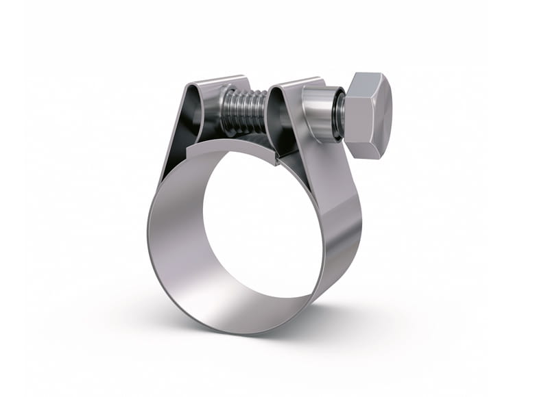 Close-up of a metal hose-clamp on a white background.
