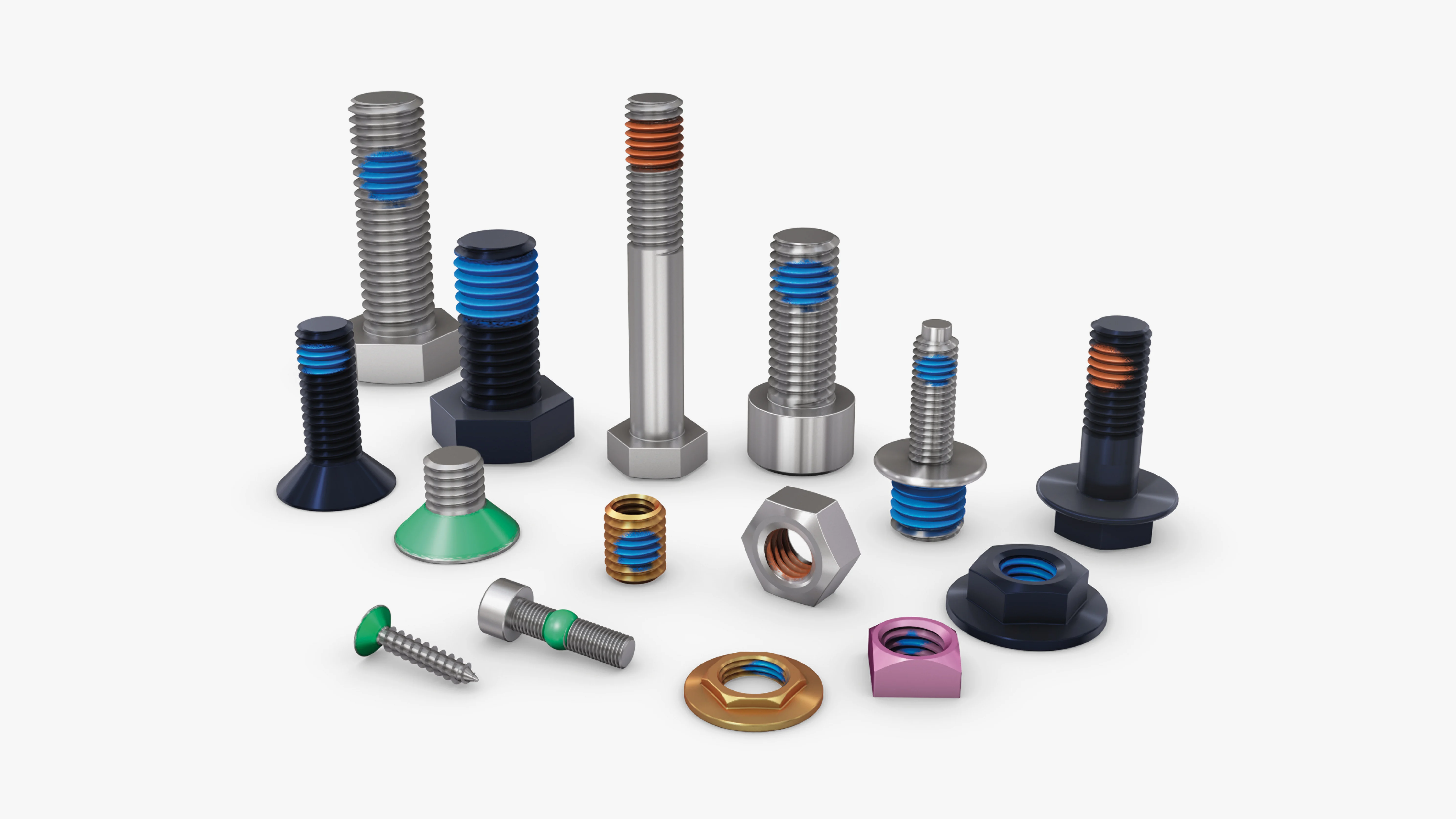 Une grande variété d'éléments d'assemblage avec divers revêtements, tels que des vis avec des patchs de revêtement, des joints sous tête ou des écrous avec revêtements d'étanchéité de filetage interne.