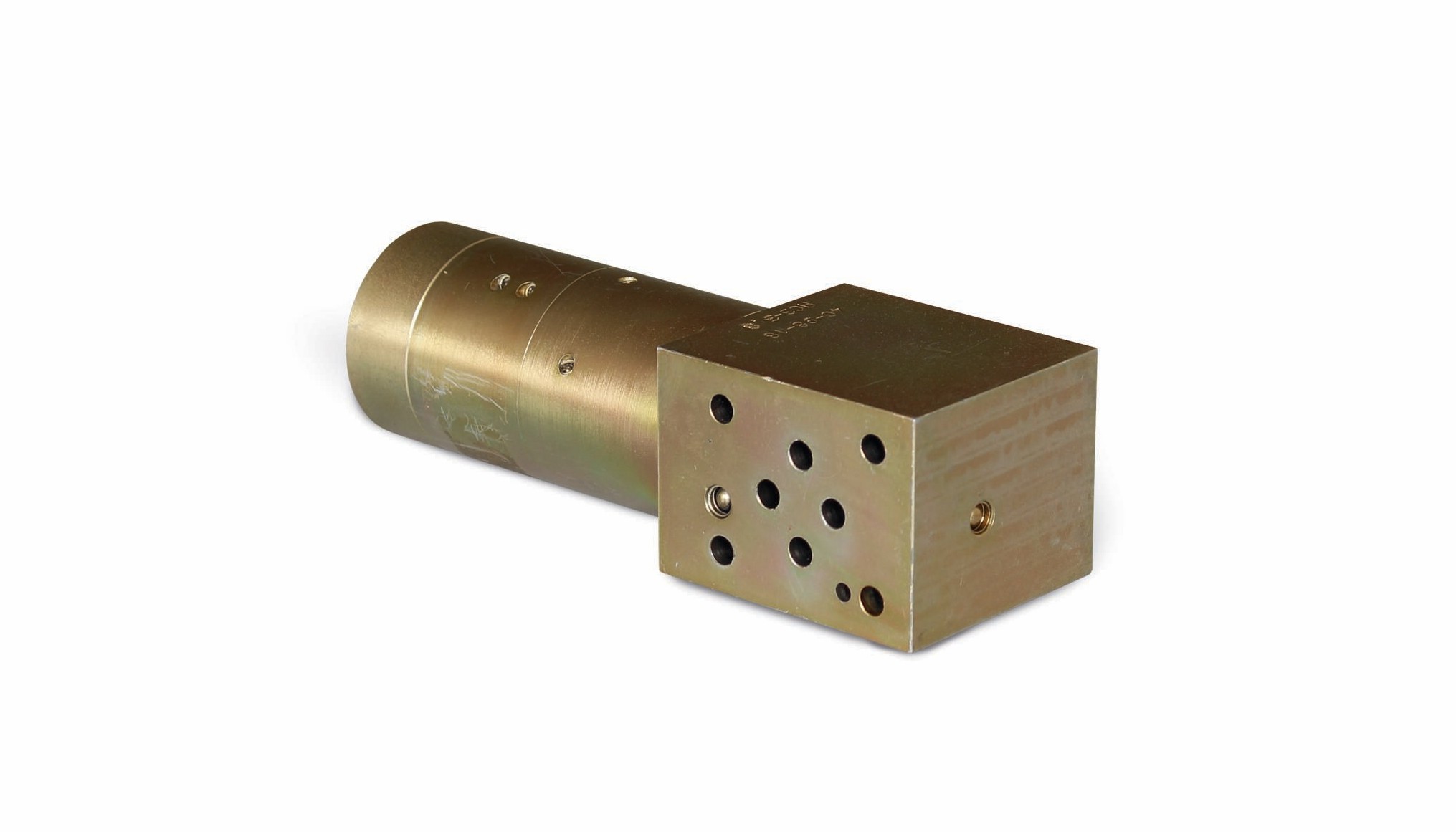 A bronze colored miniBOOSTER HC3 single-acting pressure intensifier on white background
