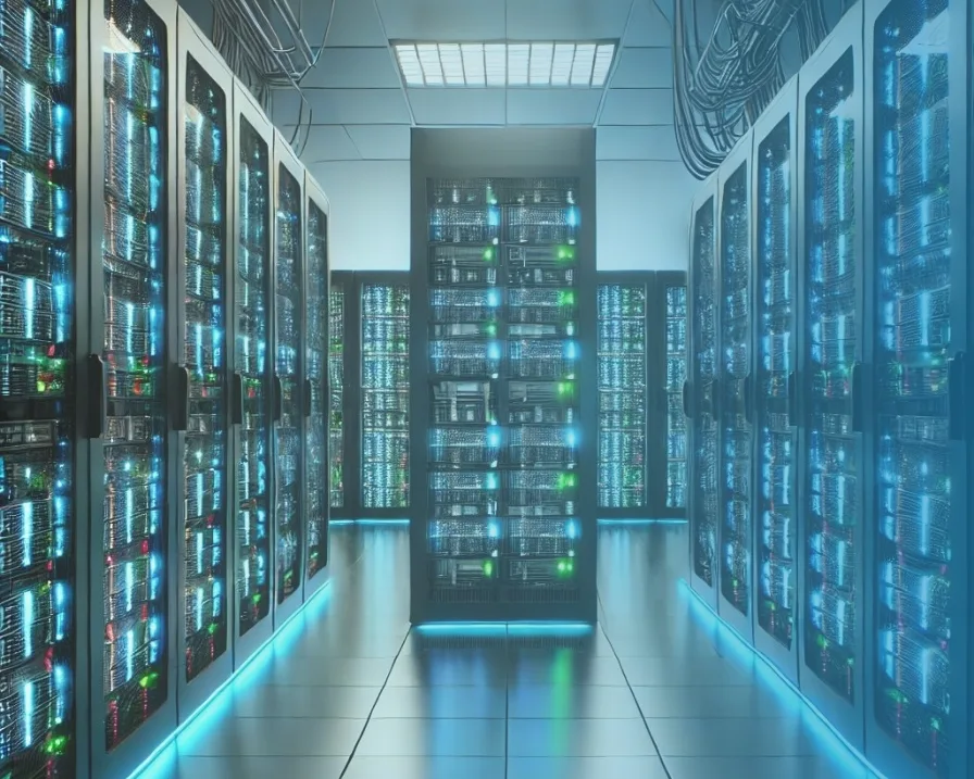 一台人工智能伺服器矗立在寬敞的伺服器機房中