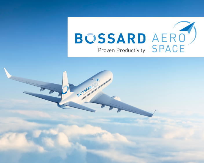 Airplane with Bossard Aerospace logo in the sky with logo overlay