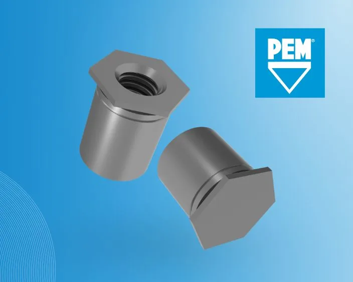 Zwei Renderings grauer PEM RT Abstandshalter in Vorder und Rückperspektive, auf blauem Verlaufshintergrund. Im oberen rechten Eck das PEM Logo in blauem Quadrat.