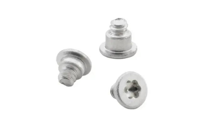 Three TS4™ microPEM® TackScrew™ fasteners for sheet-to-sheet fastening on white background