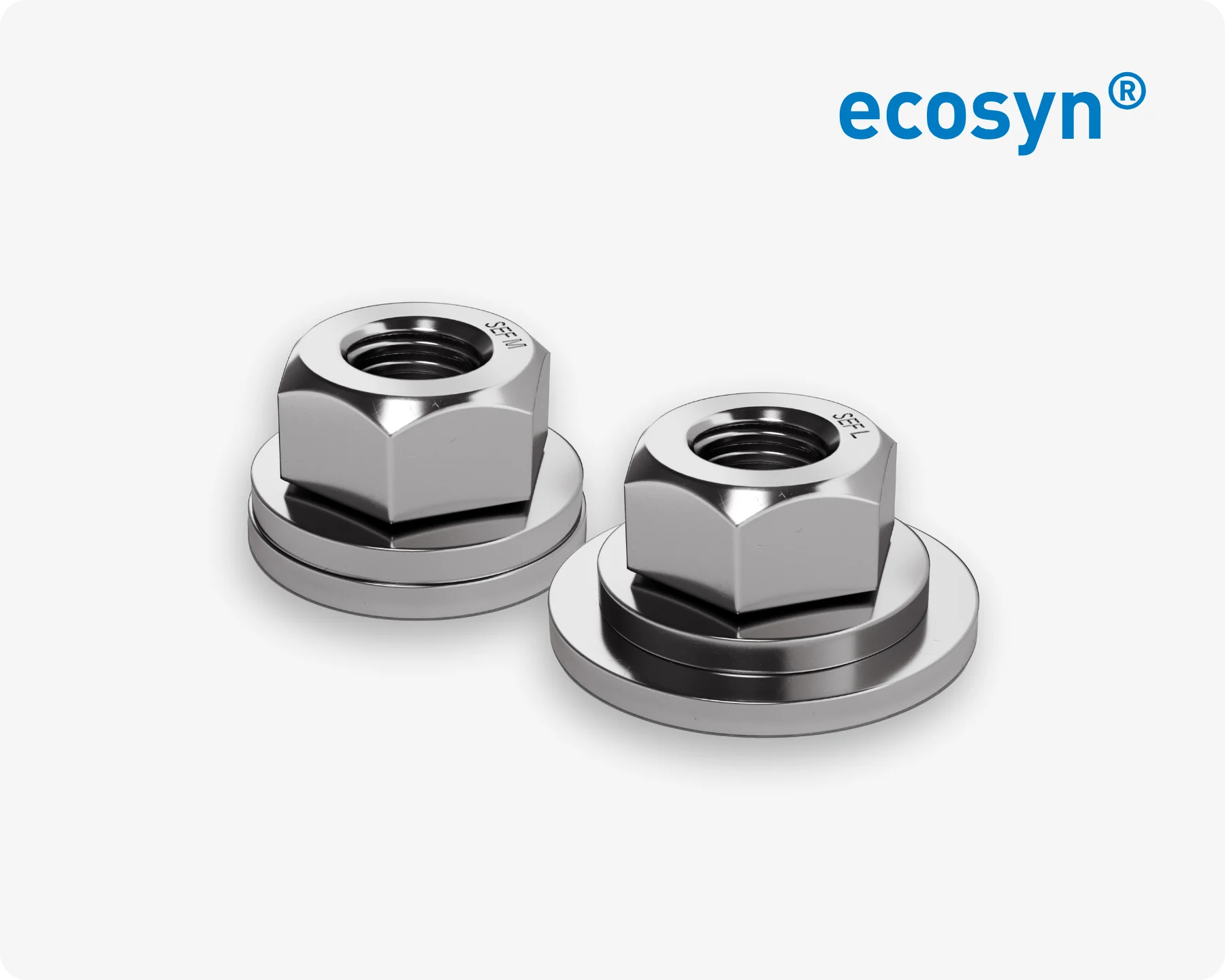 Deux écrous multifonctionnels ecosyn SEF SEMS en tailles M et L sur fond gris clair.