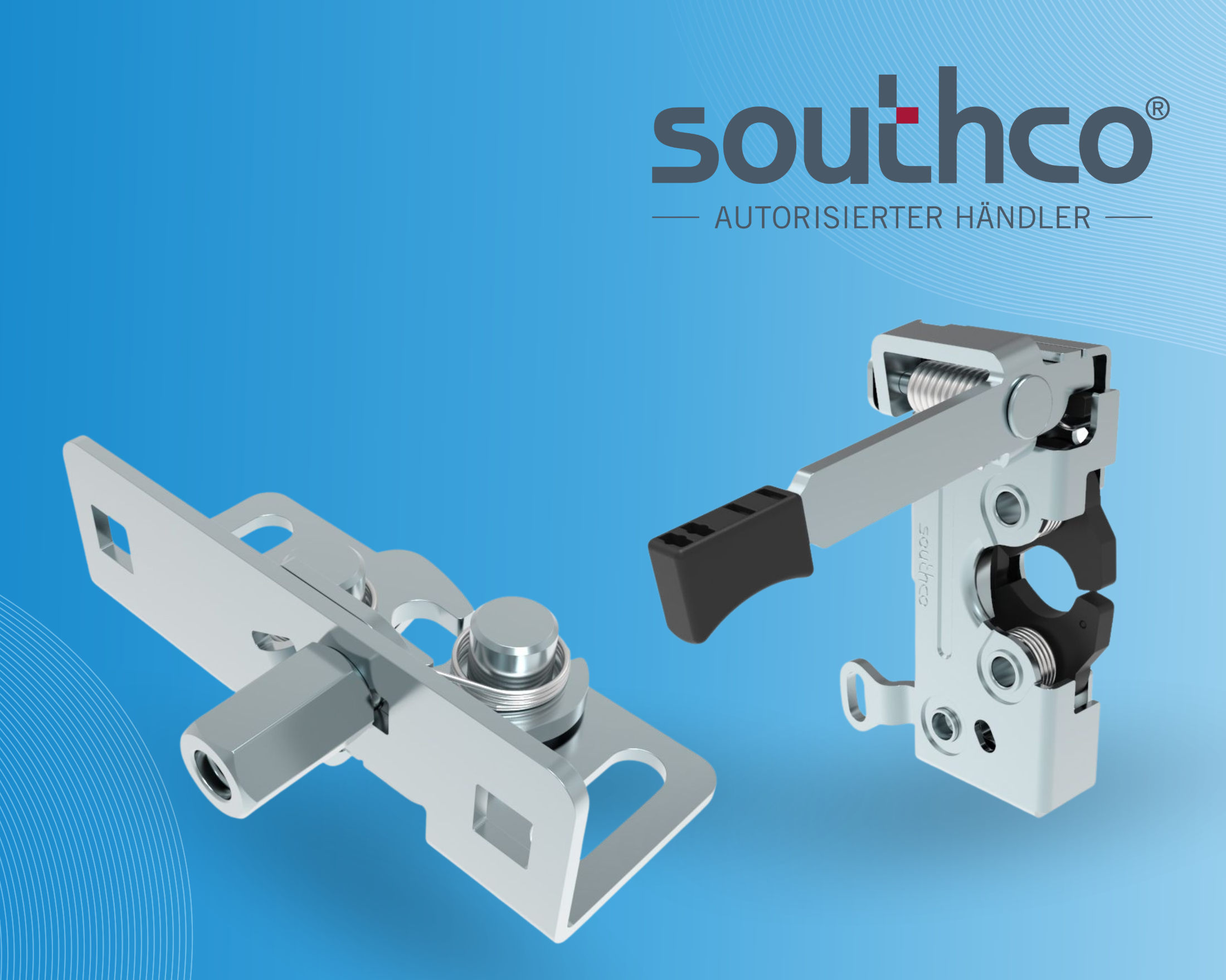 Zwei silberne Southco® Rotary-Schnappriegelverschlüsse auf blauem Hintergrund: R4-15 in kompakter Bauform und R4-50 mit Hebel und zwei Auslösern.