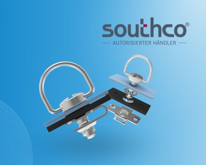 Southco Vierteldrehverschlüsse und Befestigungselemente in Montagesituationen, vor blauem Hintergrund mit Southco-Logo.