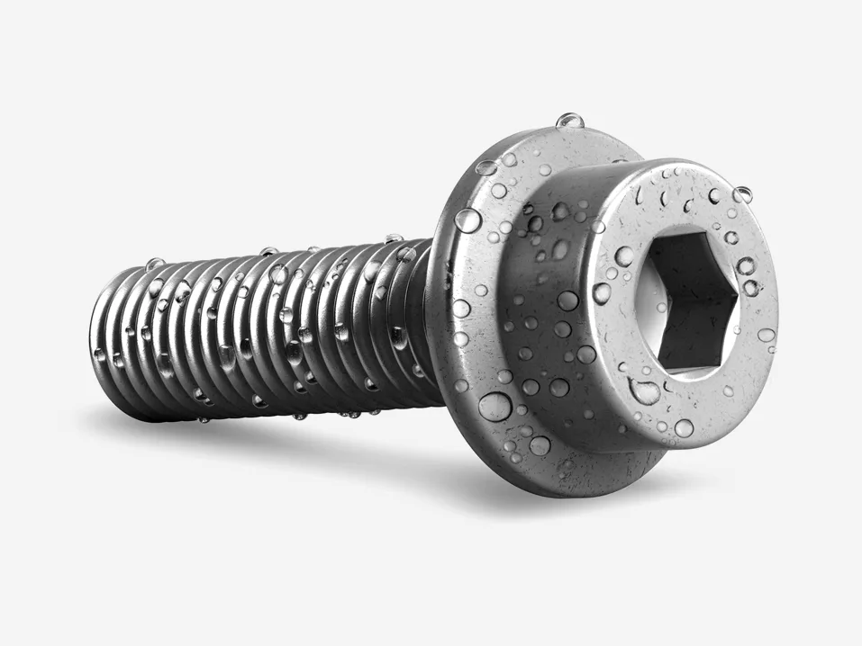 Obrázek povlaku pro ochranu proti korozi, šroub s kapkami vody