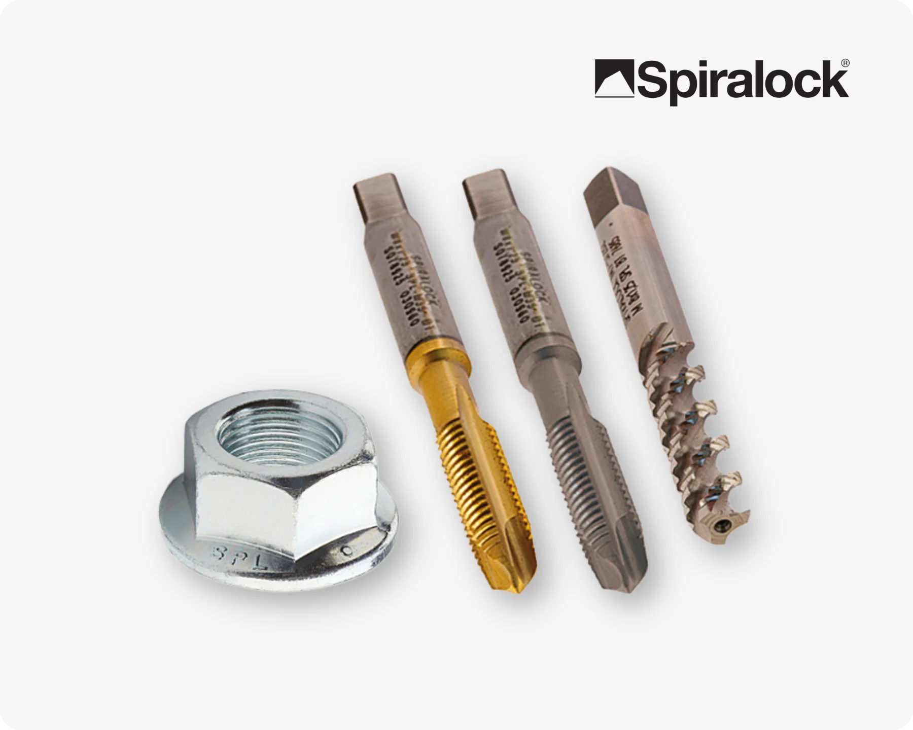 An ensemble of different fastening elements with Spiralock thread-locking technology on light grey background.