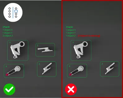 Split image showcasing SmartCamera quantity inspection. Left side with green checkmark and the right amount of items, right side with red X indicating a missing item.