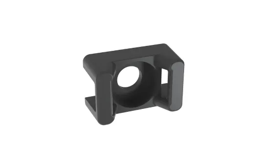 Close-up of a black Panduit cable mount on white background, facilitating cable management