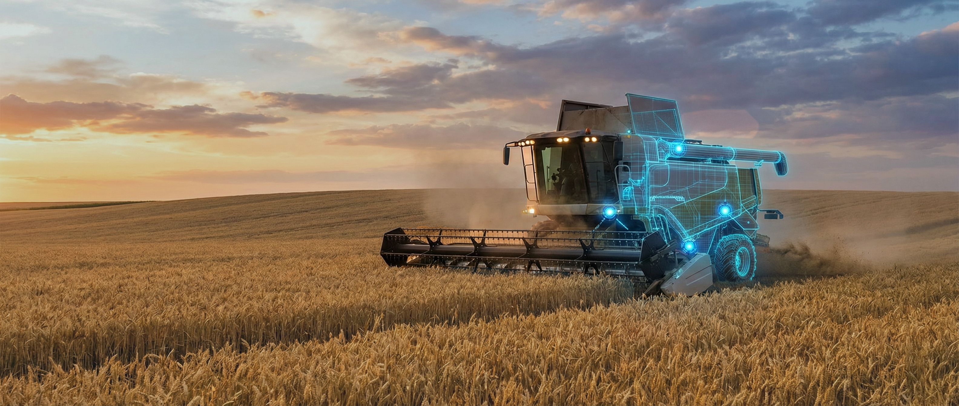 Combine in field at dusk with blueprint lights to highlight equipment components