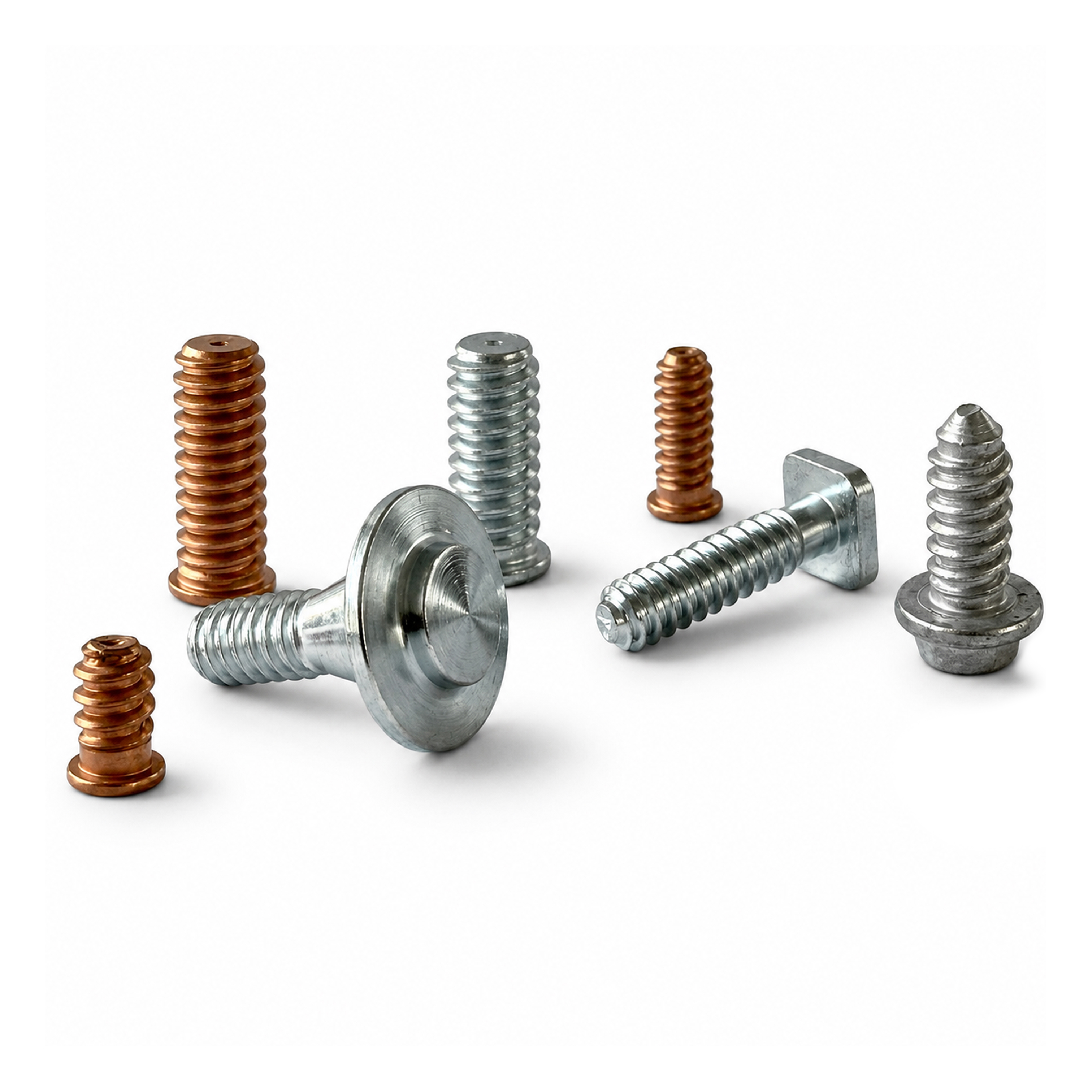 Different types of Stanley Tucker X-Mas studs for drawn arc stud welding on white background.