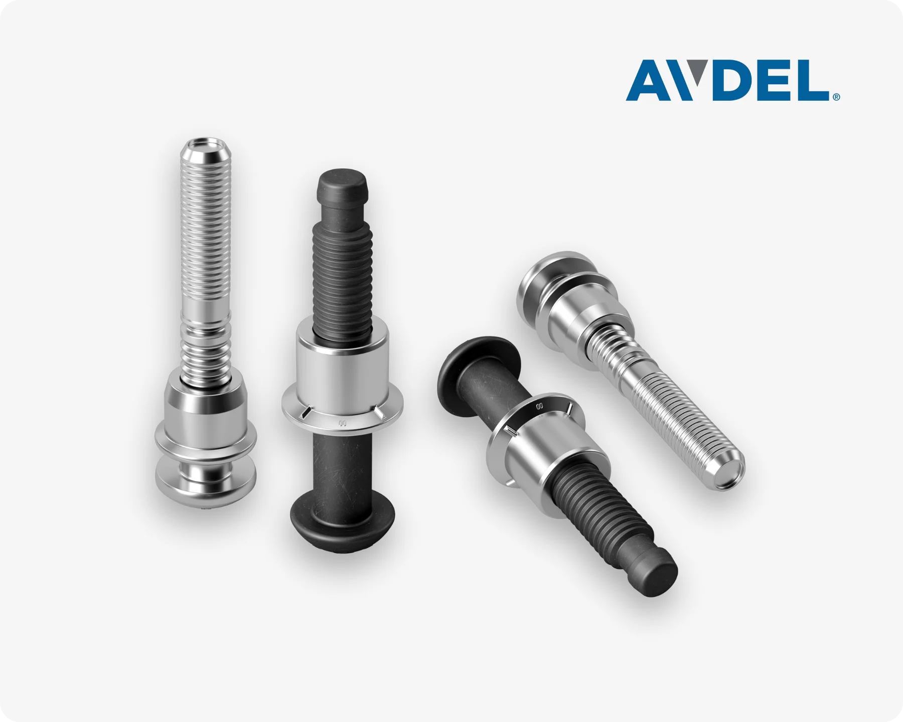 Four different Avdel lockbolts on light grey background.