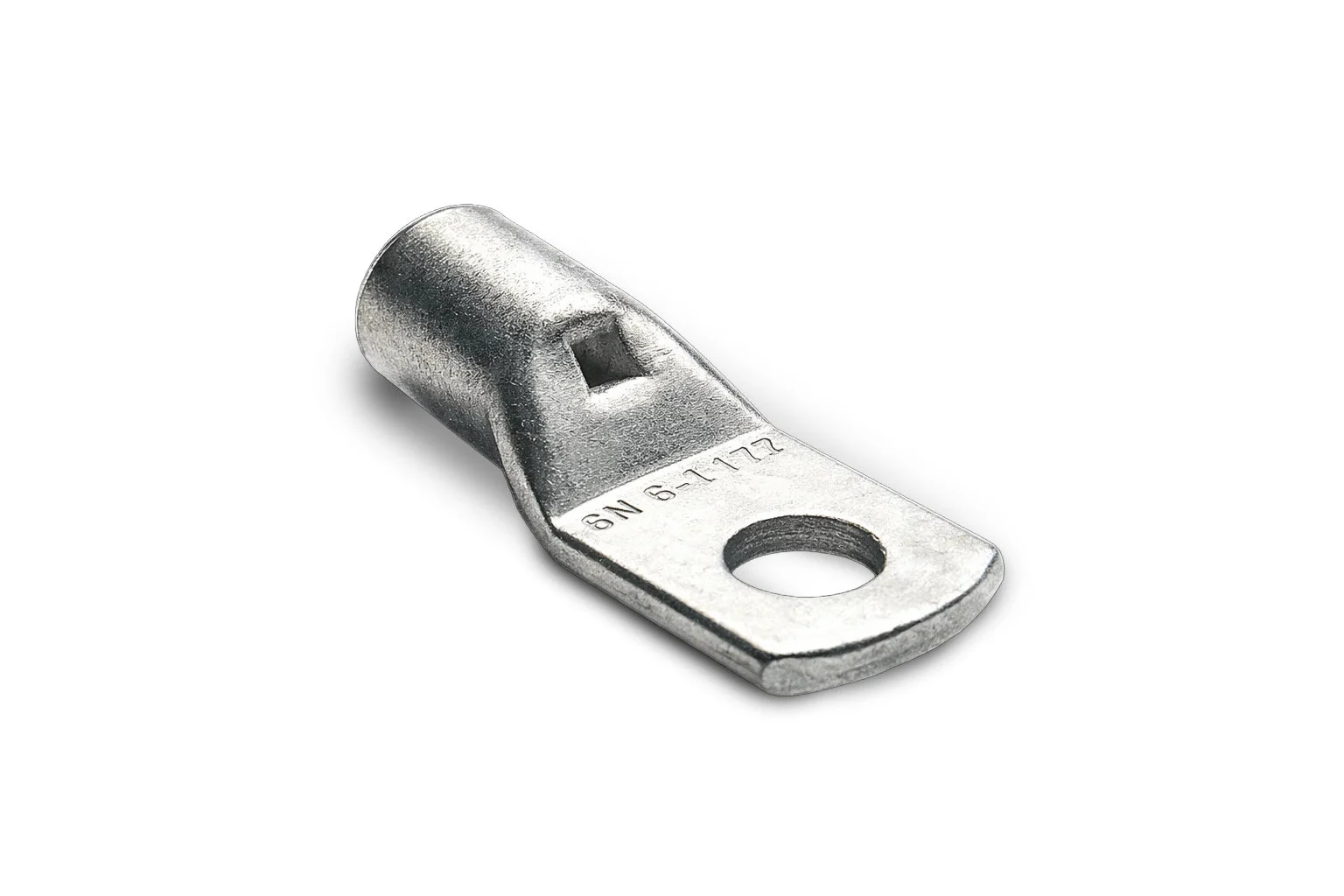 Close-up of a metal cable lug on white background