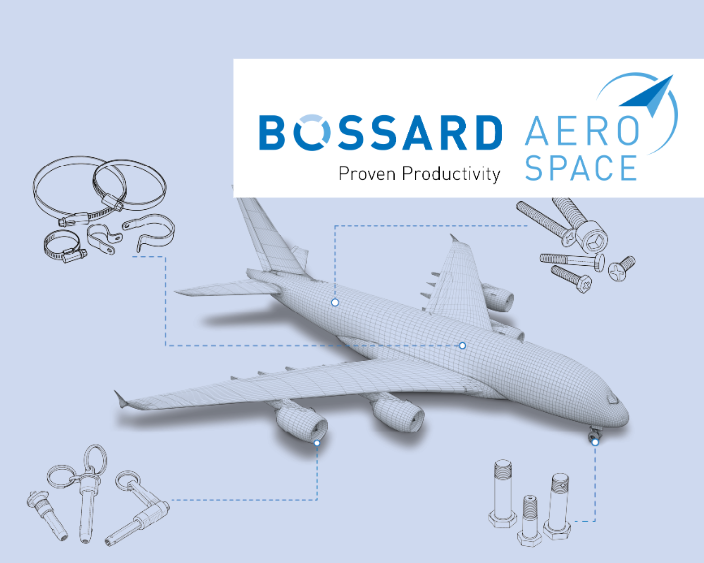 illustration d'un avion et de solutions de fixation, avec le logo de Bossard Aerospace