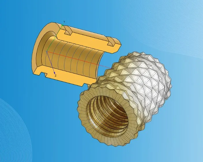 3D-Darstellung eines zylindrischen Gewindeeinsatzes mit gerändeter Oberfläche in Drahtgitteransicht, neben einer Schnittansicht desselben Bauteils, vor blauem Hintergrund.