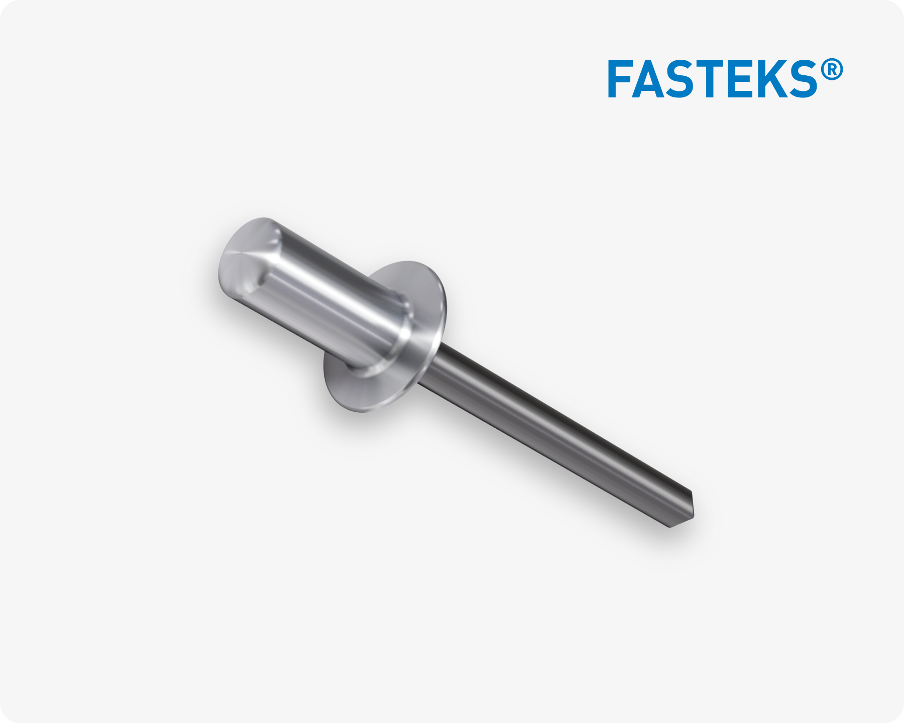 Close-up of a metal blind rivet by FASTEKS on light grey background.
