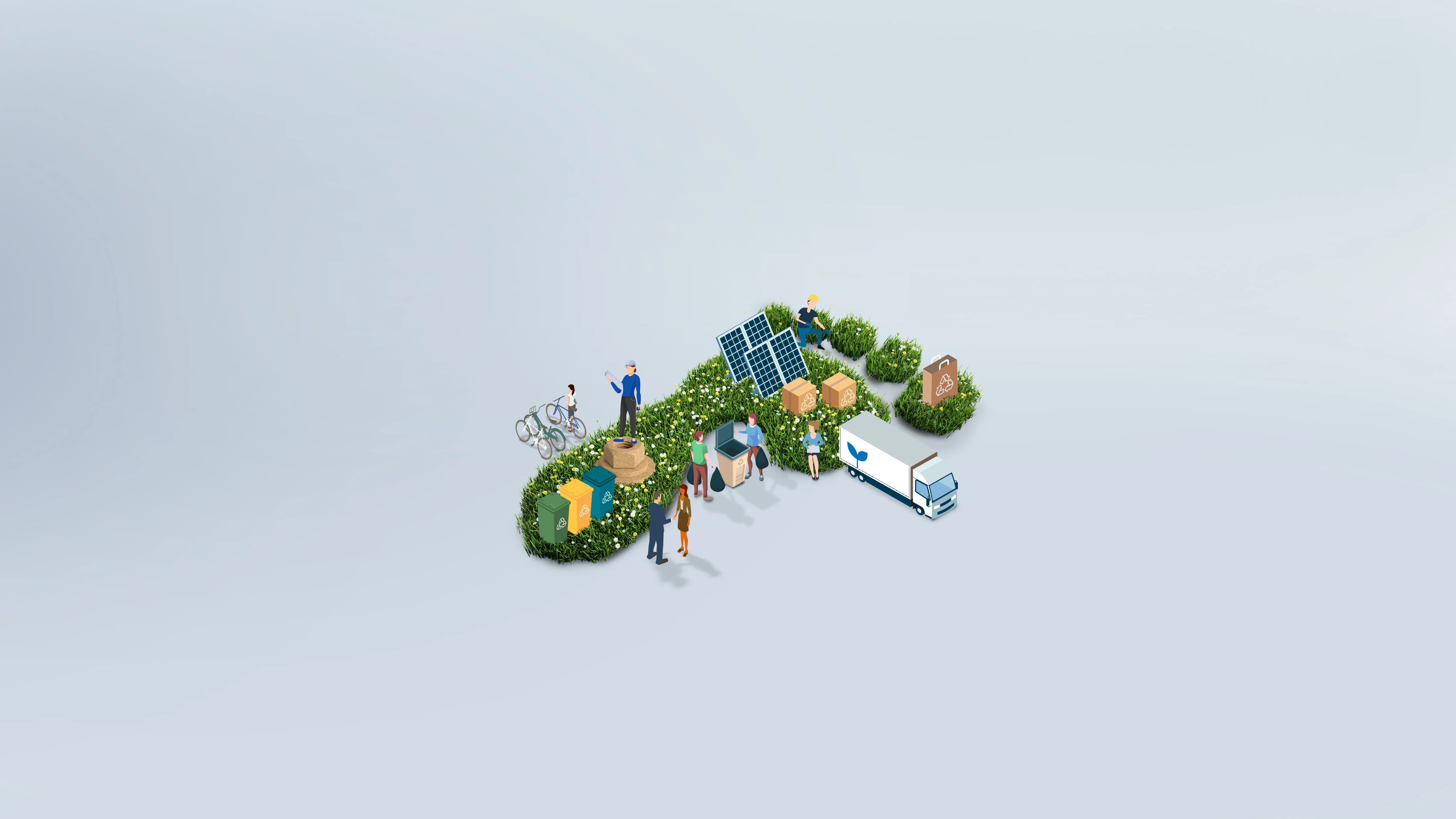 
Skupina lidí stojící v zeleném prostoru ve tvaru stopy.