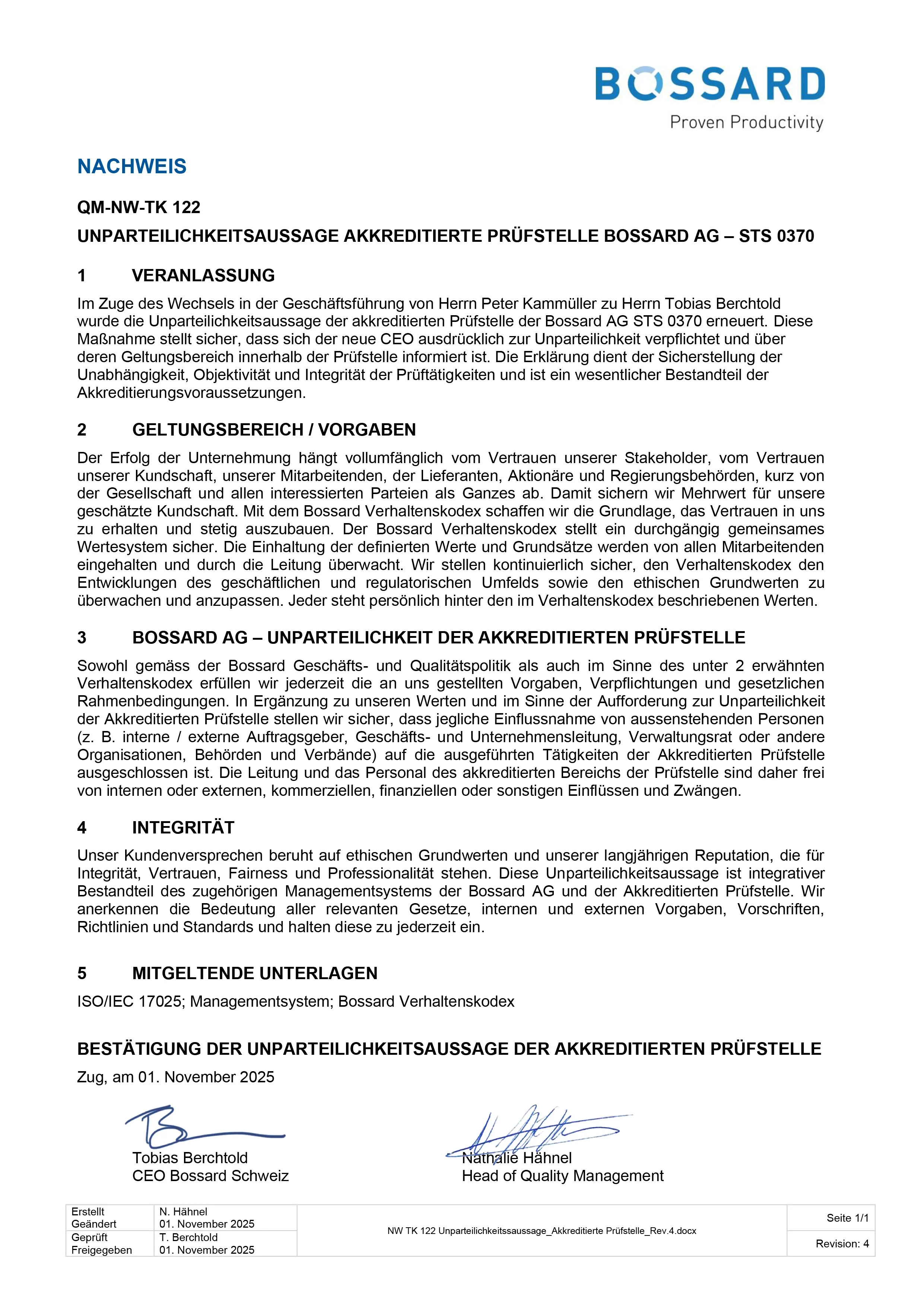 Vorschaubild der Unparteilichkeitsaussage für das akkreditierte Prüflabor von Bossard