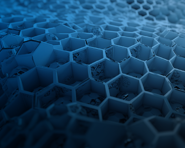 Nahaufnahme einer blauen, wabenförmigen Struktur, symbolisiert innovative Verbindungstechnik für Kunststoffe.