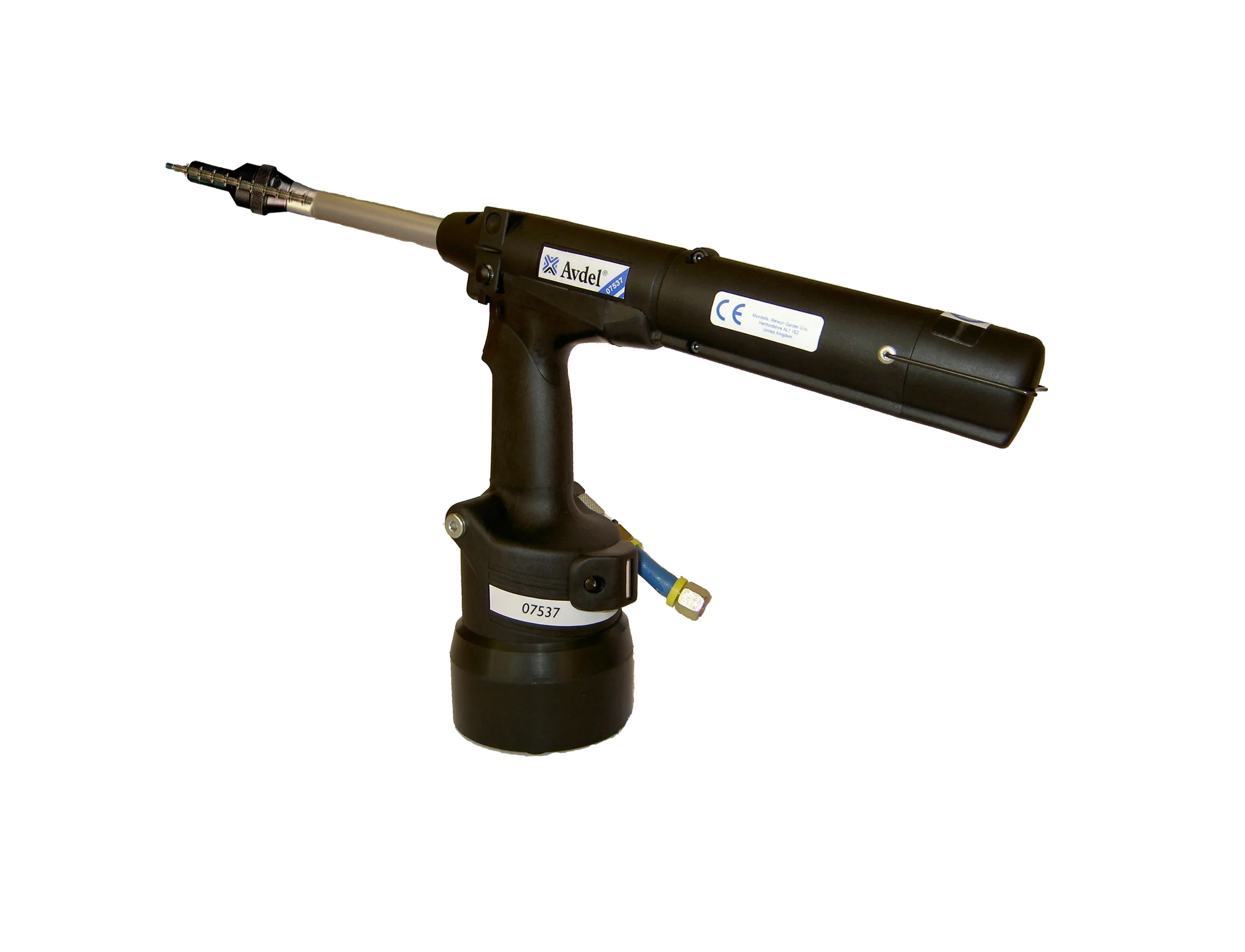 A black AVDEL® 7537 Hydropneumatic rivet tool for speed rivets on a white background.