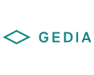 Logotipo con una forma de diamante color verde azulado a la izquierda y la palabra "GEDIA" en letras may úsculas verde azulado a la derecha, sobre un fondo blanco.