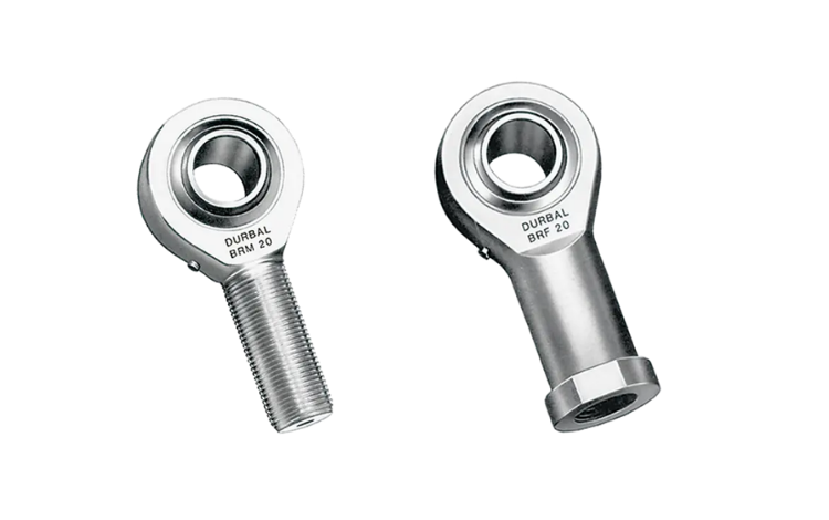 Two Durbal premium rod ends with spherical self-aligning roller bearings on white background